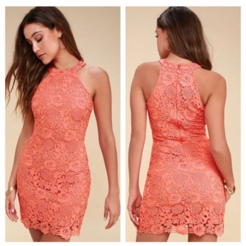 Lulu’s Love Poem Coral Lace Mini Dress